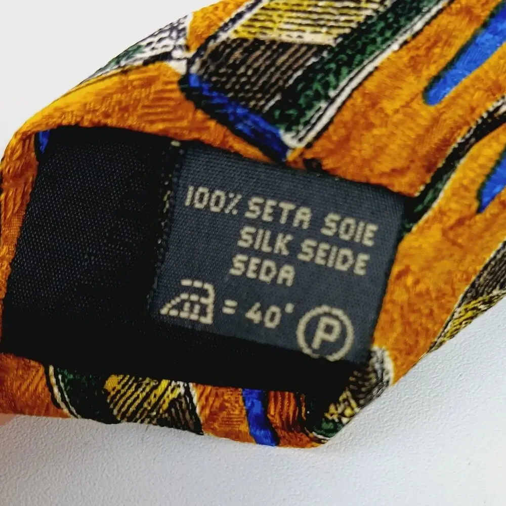 Ermenegildo Zegna Italy 100% Silk Tie Mustard Yellow Blue Green Black Geo Print